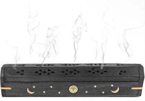 12" Celestial Black Wood Incense Box Burner