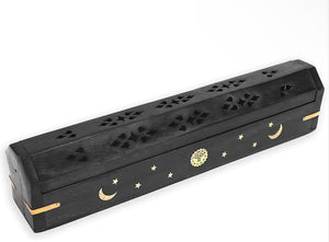 12" Celestial Black Wood Incense Box Burner